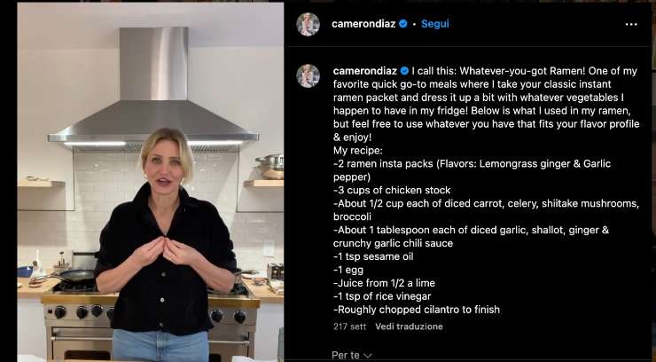 Cameron Diaz sul suo profilo IG parla della ricetta con cui prepara il Ramen