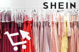 Abiti appesi, il carrello bianco dell'acquisto online e la scritta Shein