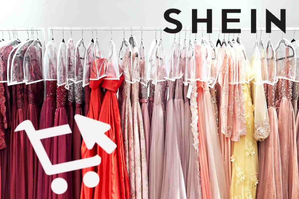 Abiti appesi, il carrello bianco dell'acquisto online e la scritta Shein