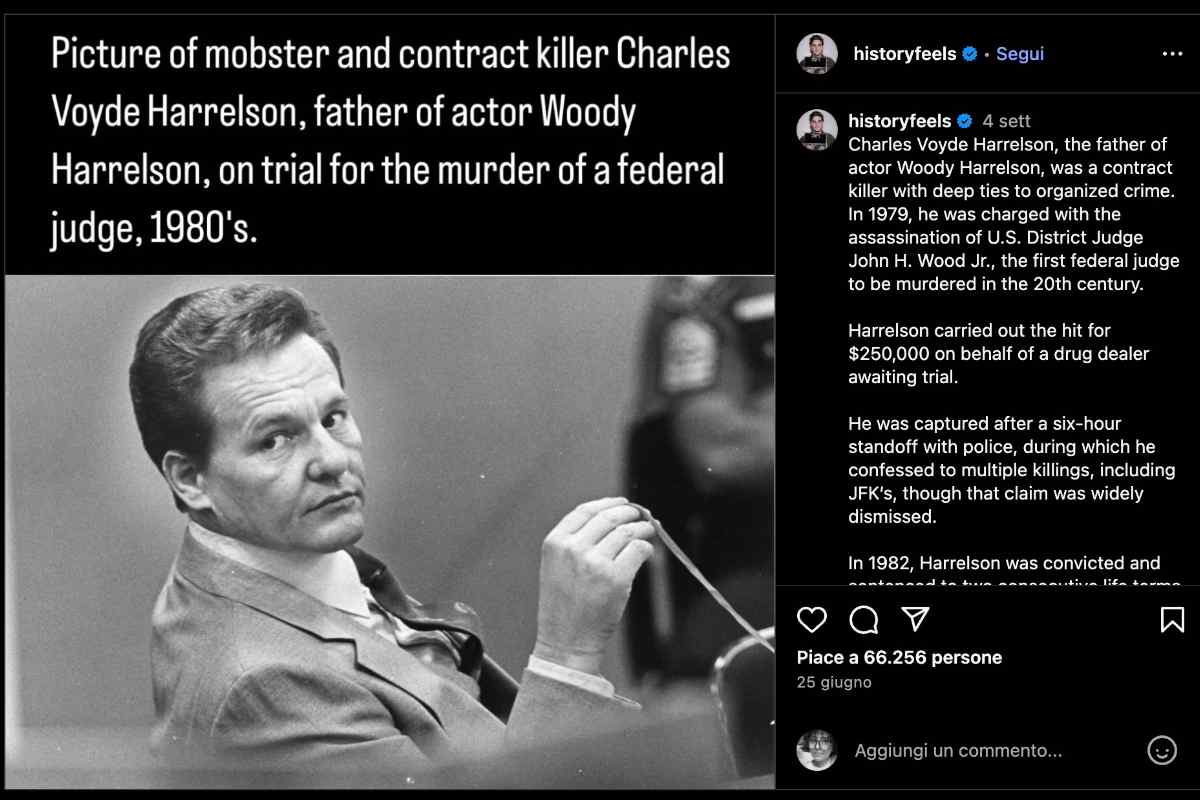 Il post su Instagram dell'account History Feels con la foto del padre di Woody Harrelson, Charles