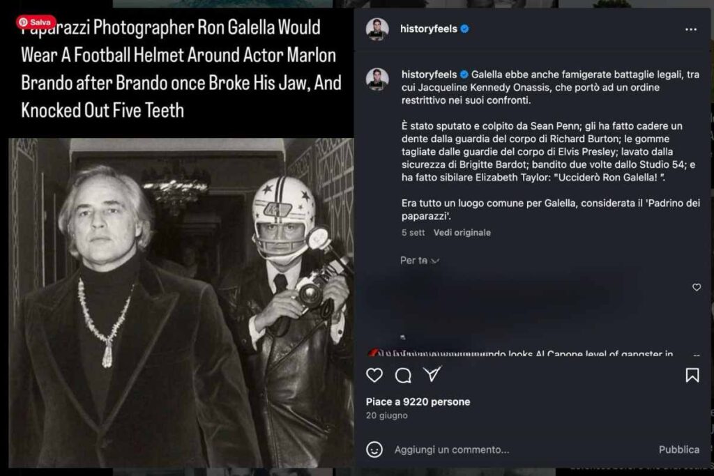 Il post del profilo IG History Feels su Marlon Brando e Ron Galella mostra la foto con l'attore di Hollywood e alle spalle il fotografo con il casco da football in testa