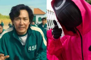 Un giocatore di. Squid Game con la tuta verde e una guardia con tuta magenta