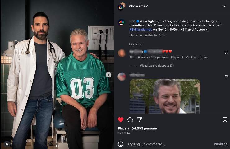 Il post della NBC con la foto di Eric Dane sul set della serie Brilliant Minds