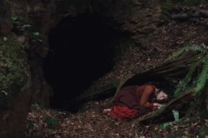 Una donna raggomitolata sotto un albero