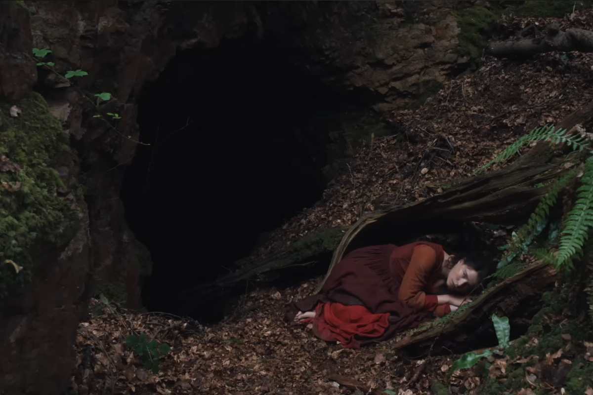 Una donna raggomitolata sotto un albero