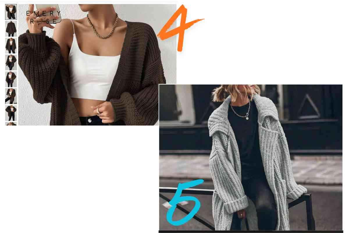 Due modelli di cardigan oversize simili a quello indossato da Elphaba in Wicked For Good