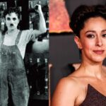 Due foto una accanto all'altra: a sinistra Charlie Chaplin a destra Oona Chaplin