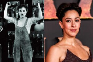 Due foto una accanto all'altra: a sinistra Charlie Chaplin a destra Oona Chaplin