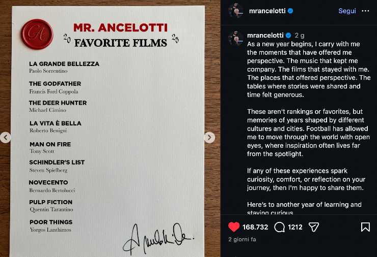 Il post di Carlo Ancelotti su Instagram con l'elenco dei film 