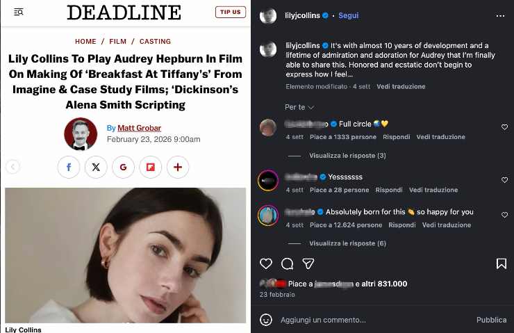 Il post su IG di Lily Collins in cui annuncia il suo coinvolgimento sul film su Audrey Hepburn