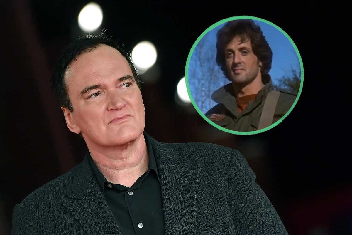 Quentin Tarantino e in un tondo a destra il volto di Stallone nei panni di Rambo