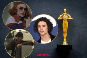 Premio Oscar con tre tondi al cui interno ci sono i volti di Amy Madigan, Timothée Chalamet e Leonardo DiCaprio