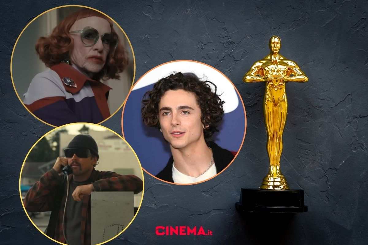 Premio Oscar con tre tondi al cui interno ci sono i volti di Amy Madigan, Timothée Chalamet e Leonardo DiCaprio