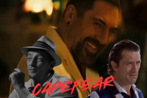 Javier Bardem sullo sfondo, Robert Mitchum a sinistra e Robert De Niro a destra