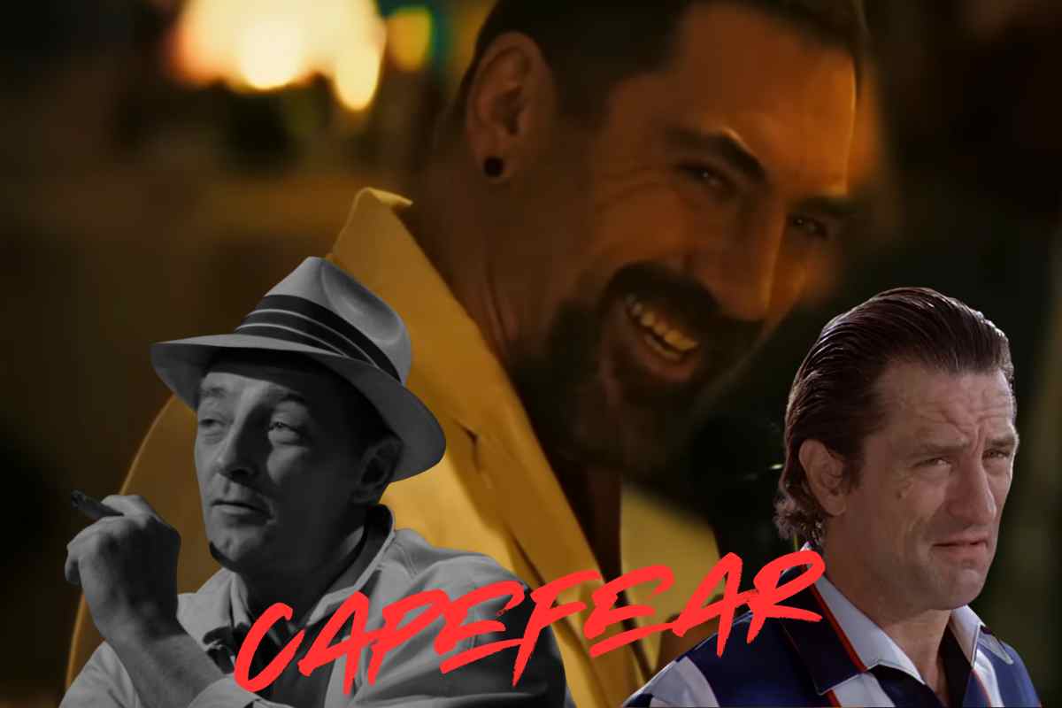 Javier Bardem sullo sfondo, Robert Mitchum a sinistra e Robert De Niro a destra