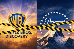 Logo Warner Bros e accanto logo Paramount sopra del finto nastro adesivo per evitare l'accesso giallo e nero