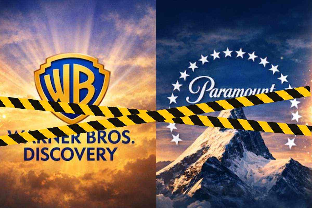 Logo Warner Bros e accanto logo Paramount sopra del finto nastro adesivo per evitare l'accesso giallo e nero