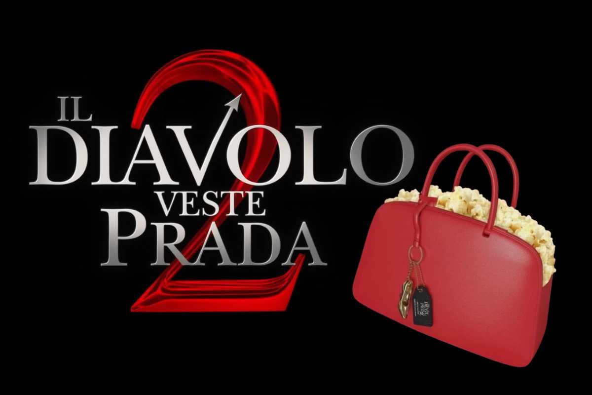 La scritta il diavolo veste Prada 2 e accanto la borsa a secchiello 
