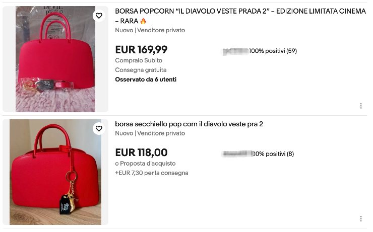 Due inserzioni su Ebay riguardanti la borsa a secchiello pop corn del film 'Il diavolo veste Prada 2'