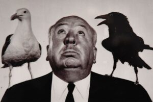 Alfred Hitchcock con un gabbiano e un corvo sulla spalla