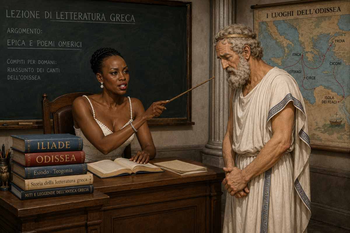 Immagine in stile cartone animato con Lupita che bacchetta il poeta e scrittore Omero